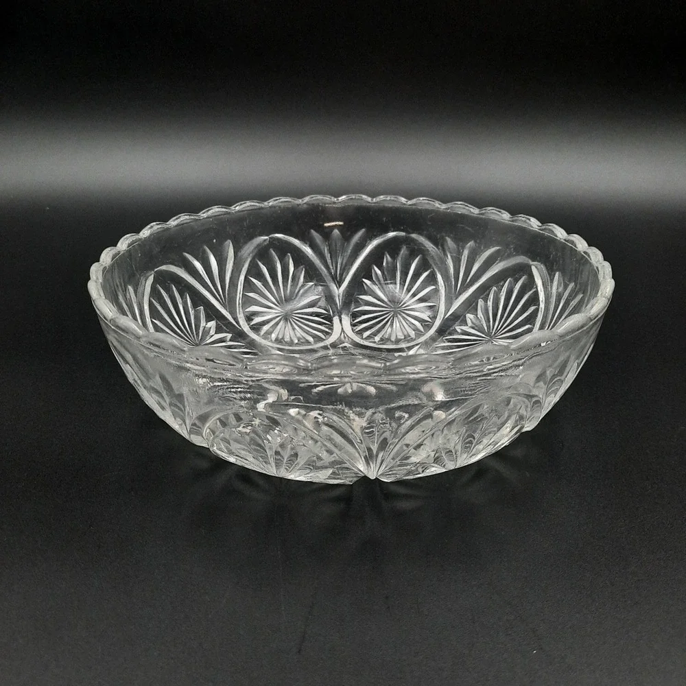 Two Vintage Pressed Glass Bowls‎ with Scalloped Edge & Starburst Arches Pattern